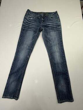 Vanilla Star Low Rise Skinny Jeans Embroidered Flap Pocket Dark Wash